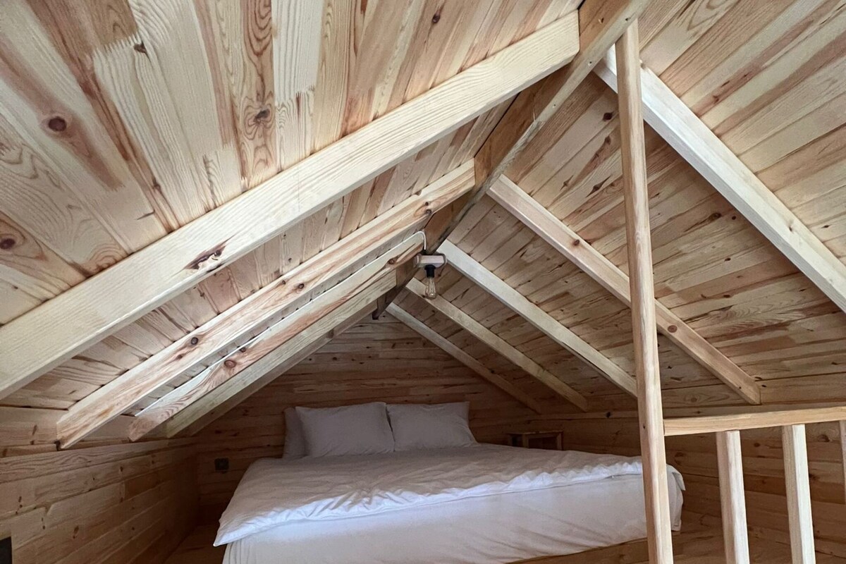Een slaapkamer in een houten loft met een bed, een ladder en een zithoek.