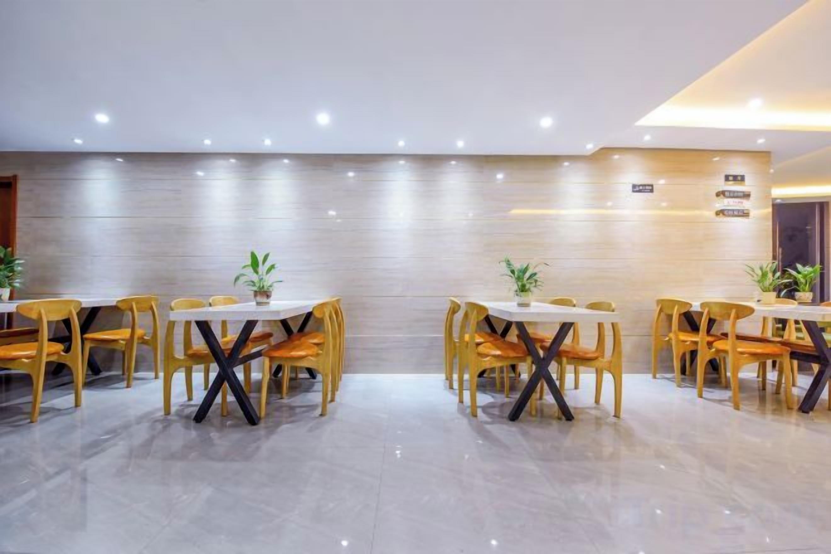 Un comedor moderno con mesas y sillas redondas, plantas en macetas y una pared de color claro.