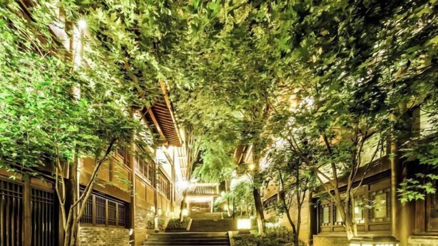 A narrow alleyway with steps leading to a building entrance, surrounded by trees and illuminated by warm lighting.
