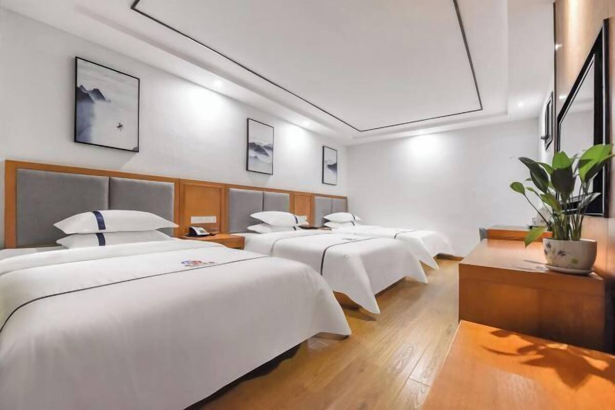 Une chambre d’hôtel avec trois lits, des têtes de lit en bois, du linge de lit blanc et une plante posée sur une table en bois.