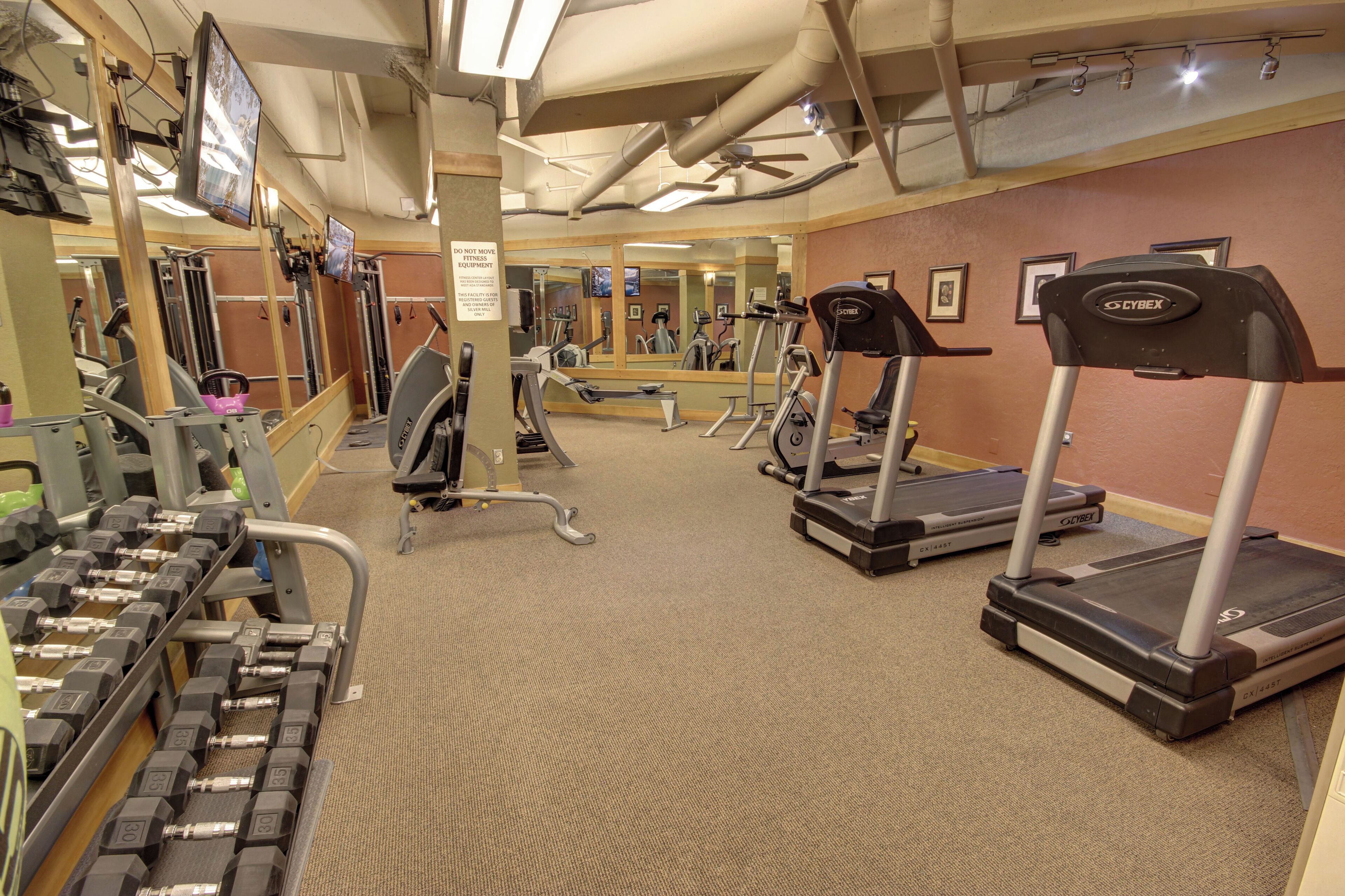 A gym with treadmills, dumbbells, and exercise machines.