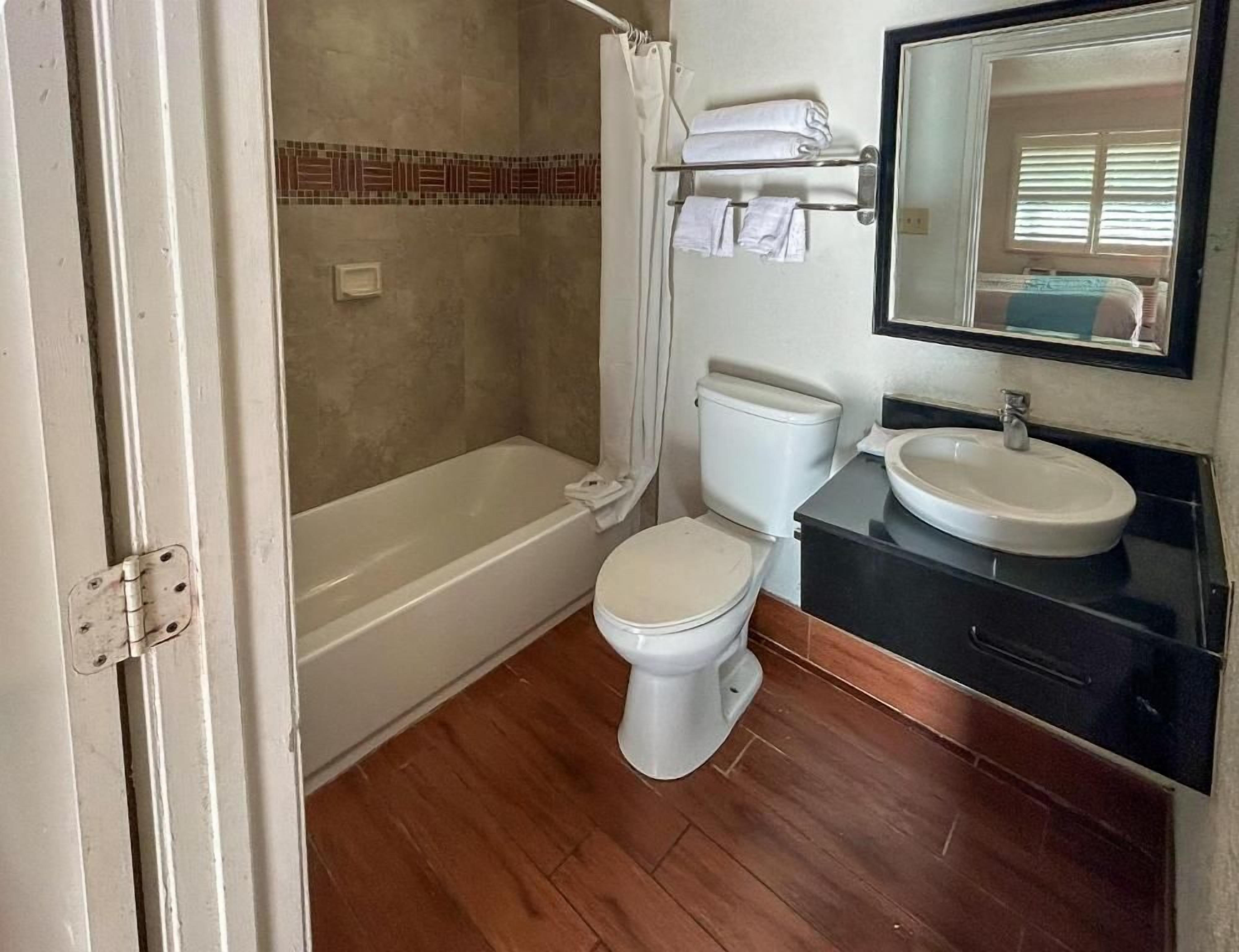 Une salle de bain avec des toilettes, un lavabo et une douche.