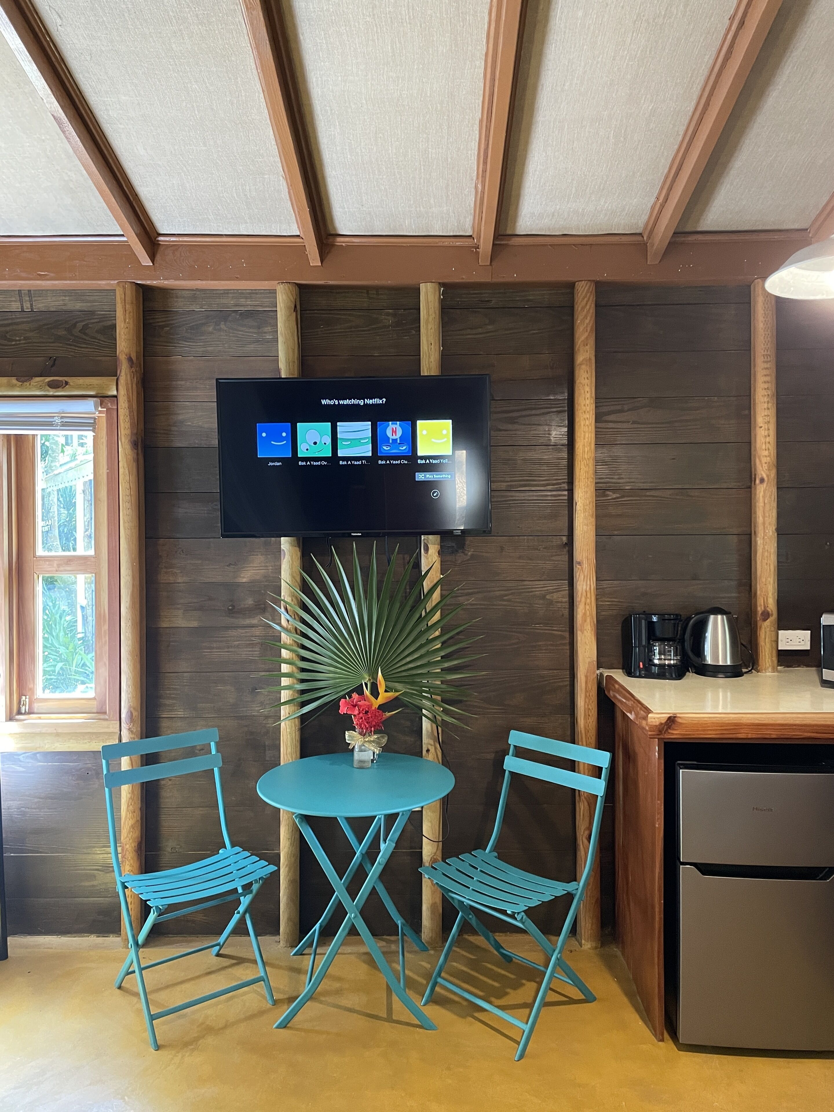 A cozy room with a TV mounted on a wooden wall, two blue chairs around a small table, a potted plant, and a coffee maker on the counter.