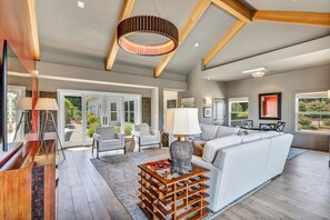 TV, fireplace, books, stereo