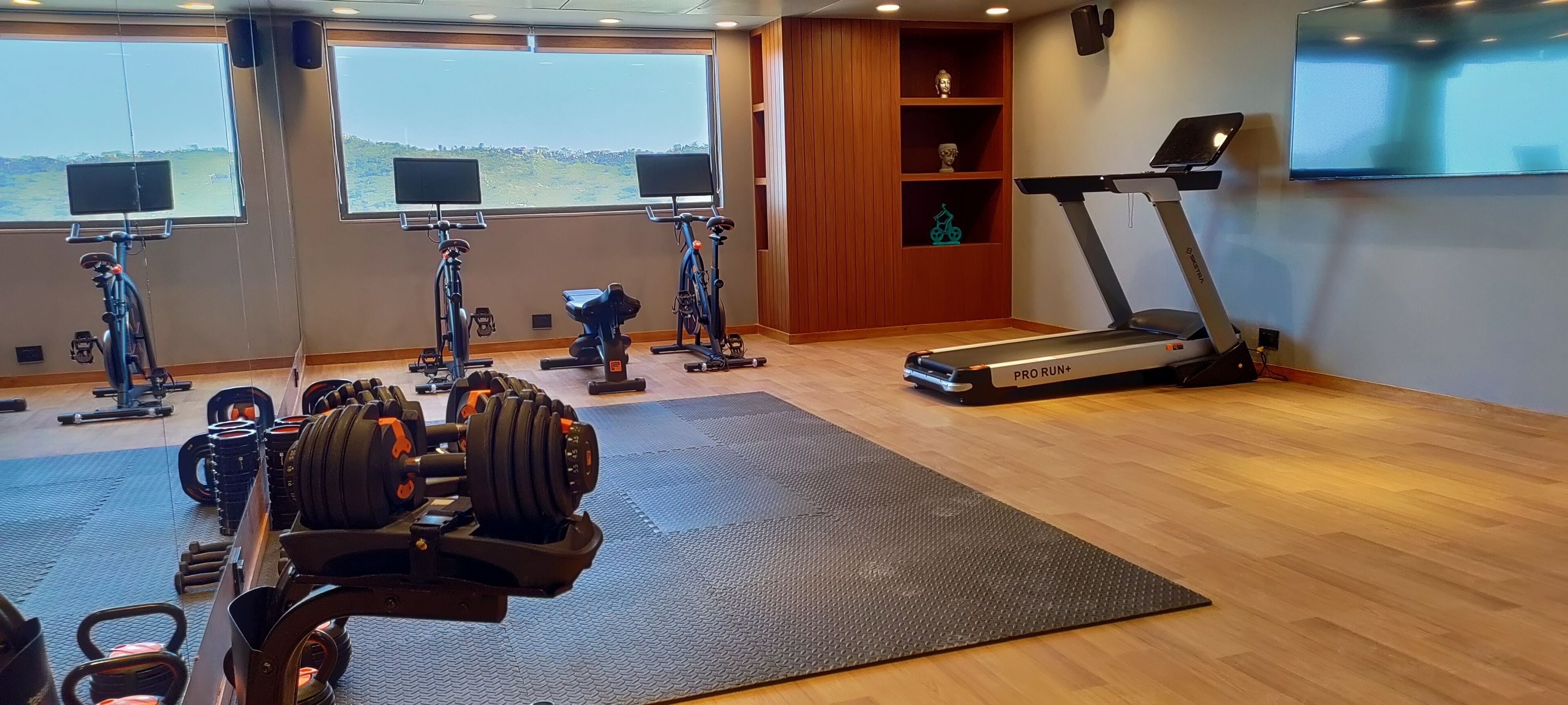 A gym with treadmills, stationary bikes, and weightlifting equipment.