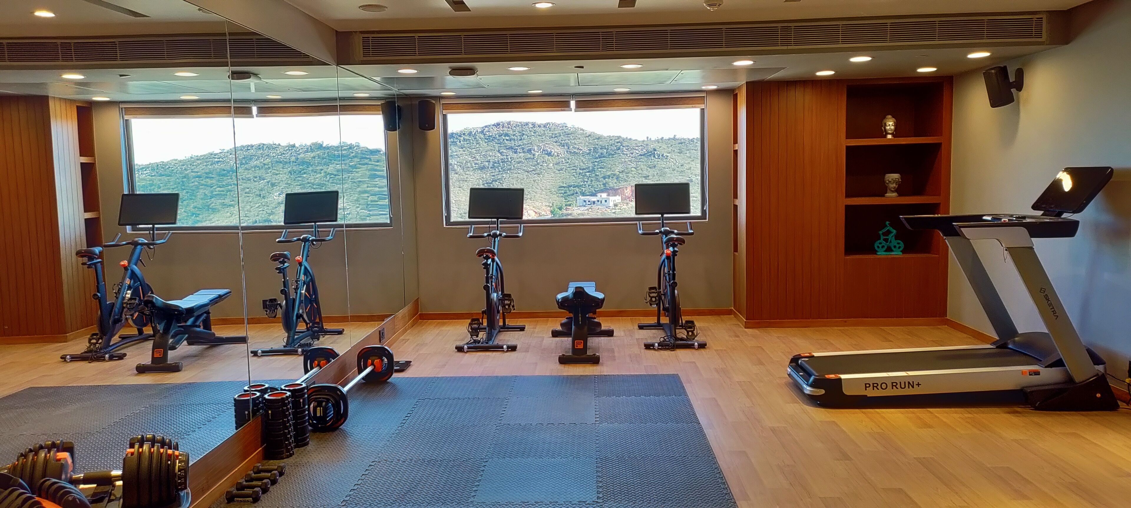 Un gimnasio con equipo de ejercicio, cintas de correr y vistas a un paisaje montañoso a través de amplias ventanas.