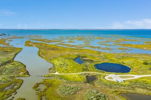 An aerial view of a coastal area with a road winding through wetlands and several small ponds.