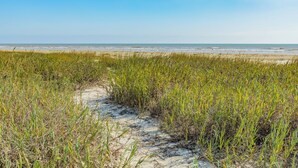Ein Strandweg mit hohem Gras, der zum Meer führt.