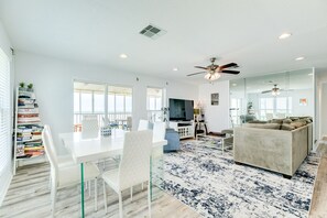 TV, DVD player - Updated Beachfront Home w/ Panoramic Gulf Views, Open Plan - Steps from Sand (Galveston)