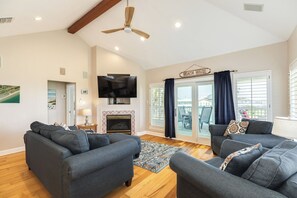 TV, DVD player - Dog Friendly Beachside Home w/ Covered Deck, Bright & Airy Interior & Gulf View (Galveston)