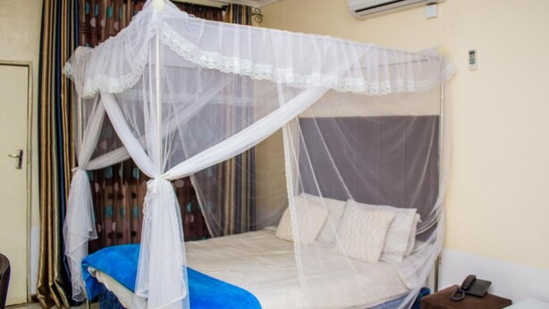Una habitación con una cama cubierta por un dosel blanco.