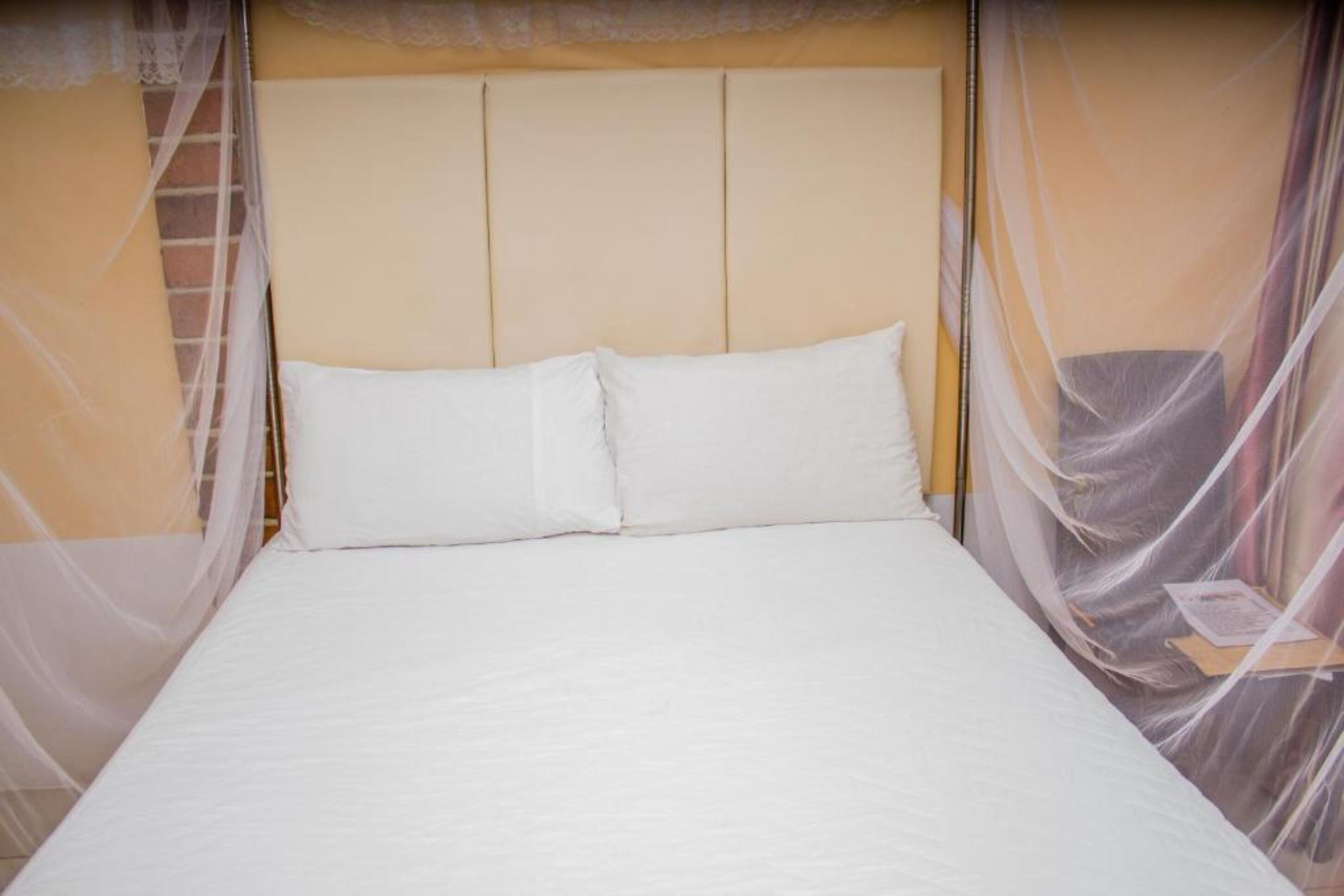 A bed with white bedding and a headboard, surrounded by sheer curtains.