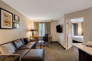 Une chambre d’hôtel équipée d’un canapé, d’un bureau, d’une chaise, d’une télévision et d’un lit.