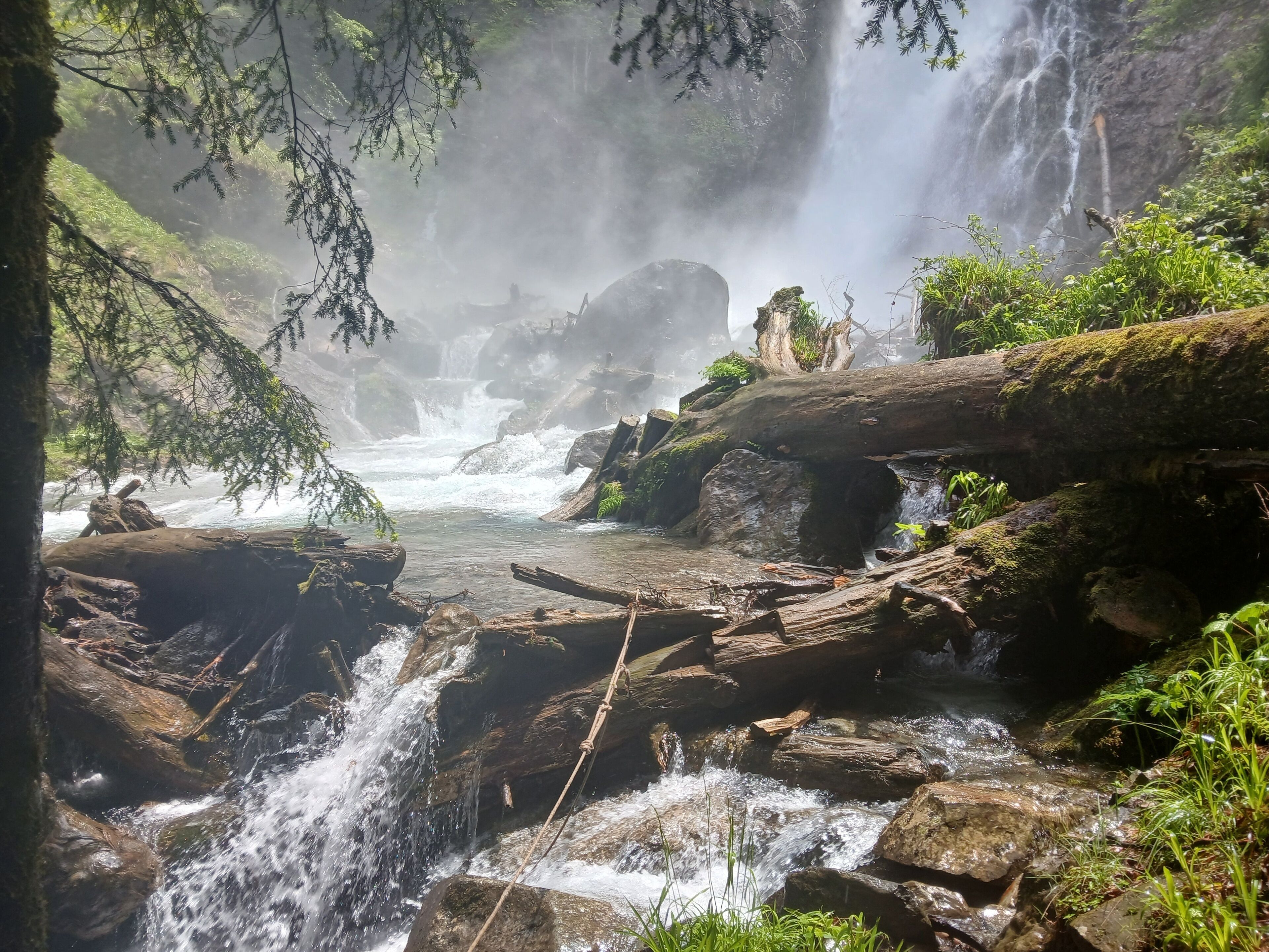 A waterfall cascading over rocks in a forested area.
