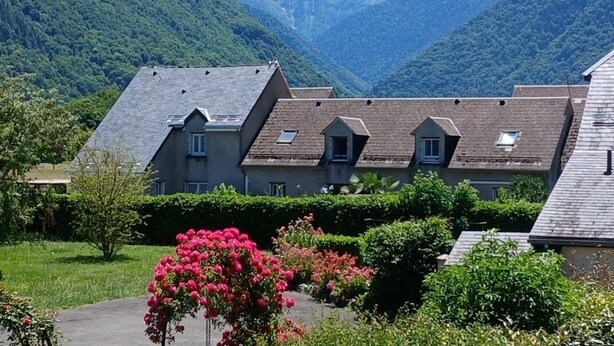Zona residencial amb cases, un jardí amb flors roses i muntanyes al fons.