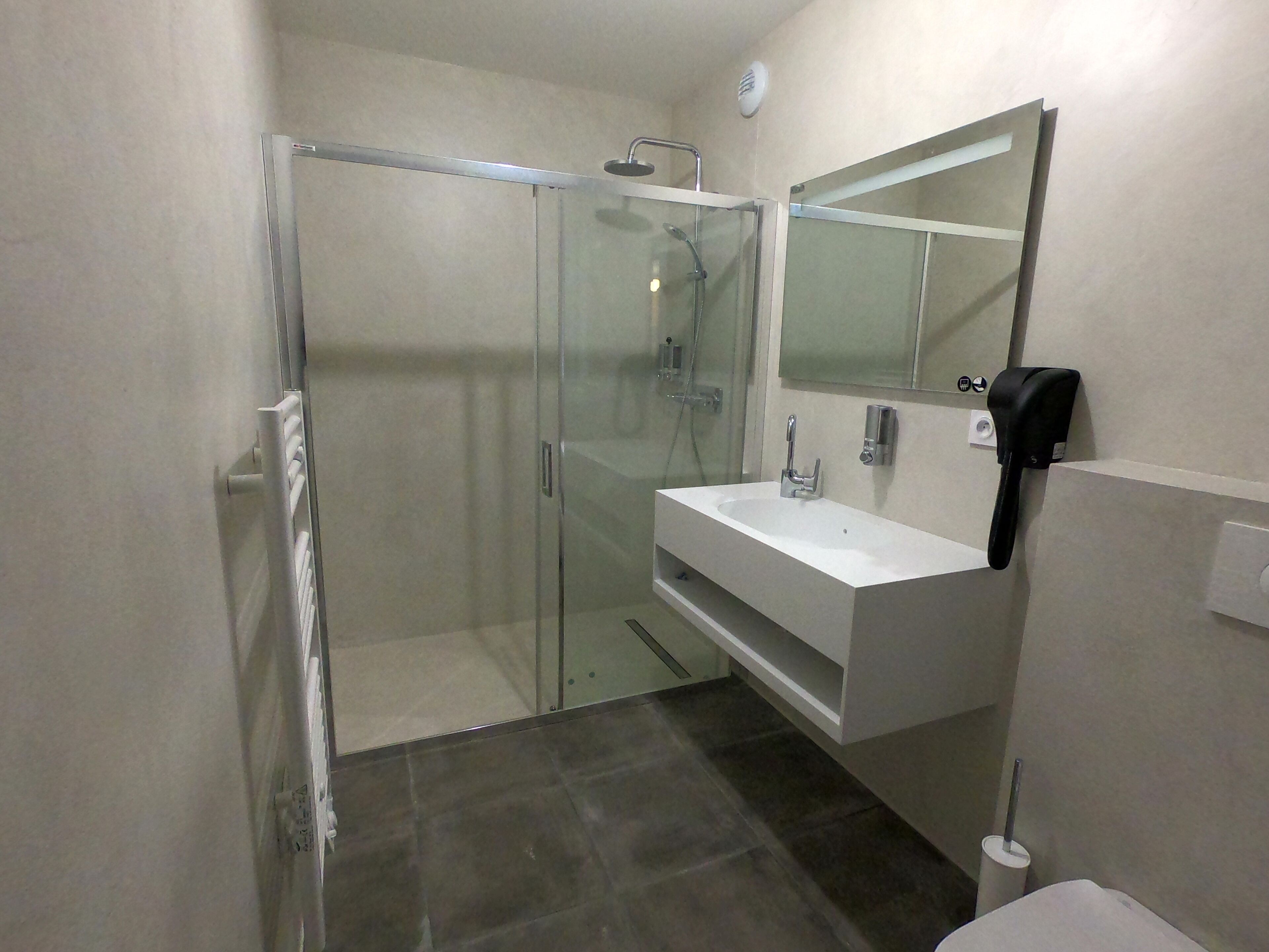 A modern bathroom with a glass-enclosed shower, a white sink, and a mirror.