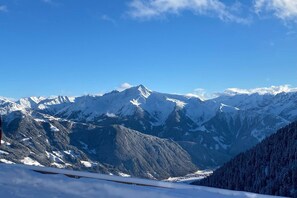 A mountainous landscape with snow-covered peaks and a clear blue sky. - Alpine pasture in the Zillertal mountains (Zellberg)