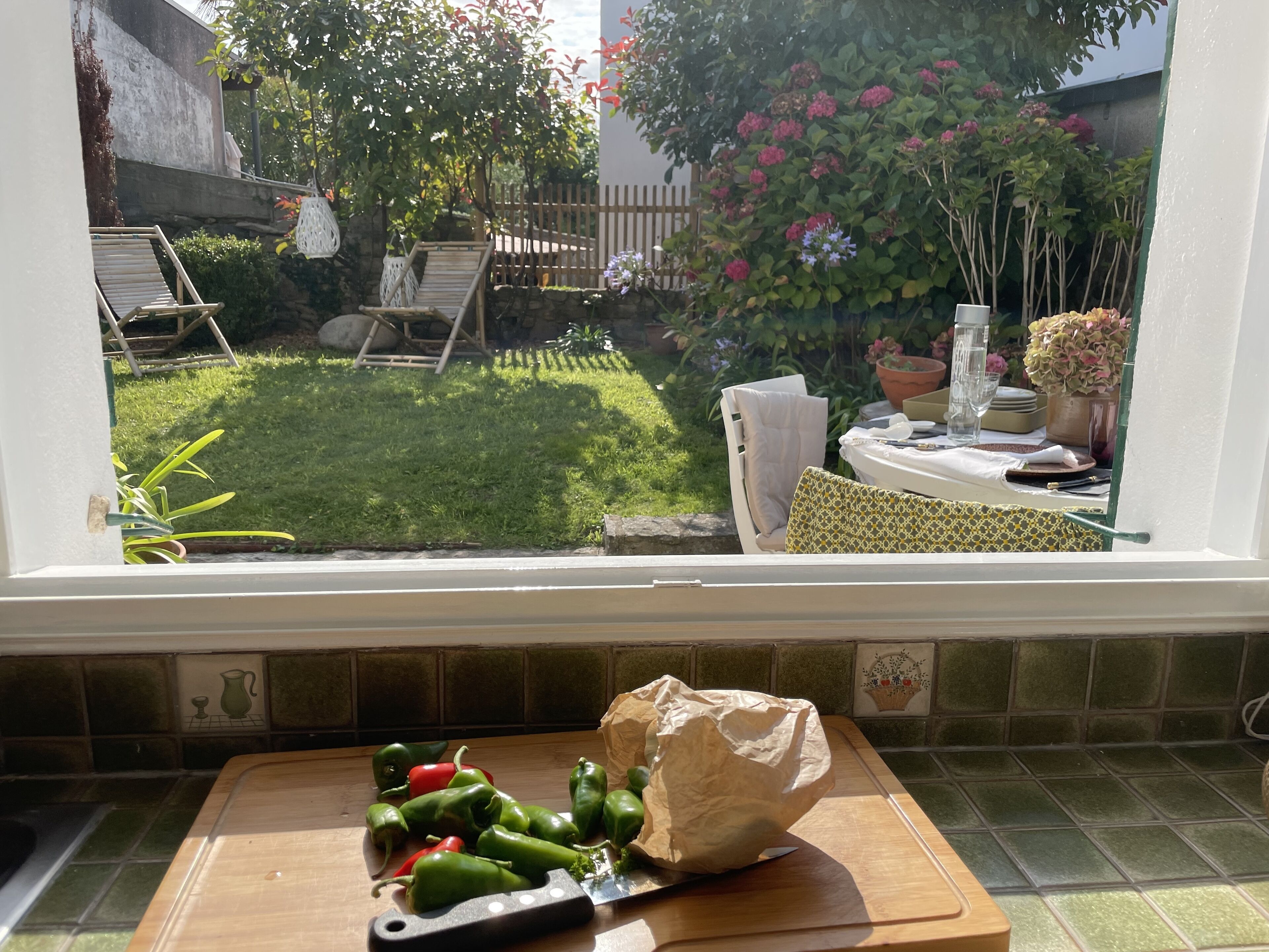 Une cuisine avec une fenêtre donnant sur un jardin arrière comprenant une pelouse, une terrasse en bois et un pot de fleurs.