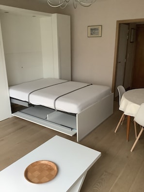 A compact room with a bed, a dining table, and a chair.