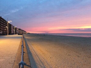 En strand med en asfalterad strandpromenad och gatlyktor.