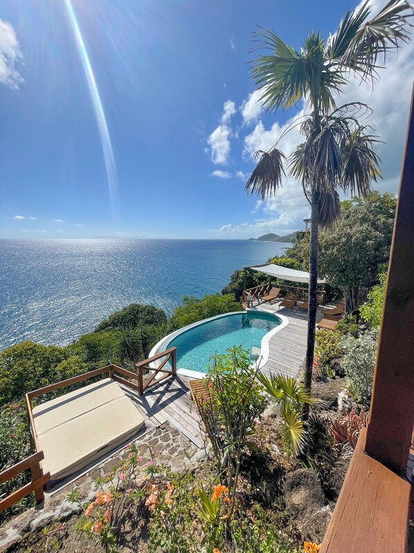 Uma piscina com um deck de madeira, cercada por plantas tropicais e vista para o oceano.