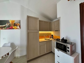 A compact kitchen with wooden cabinets, a sink, a stove, and a microwave.