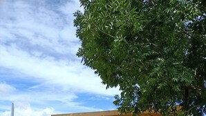 Una casa moderna con terraza de madera, mobiliario exterior y un camino de piedra.