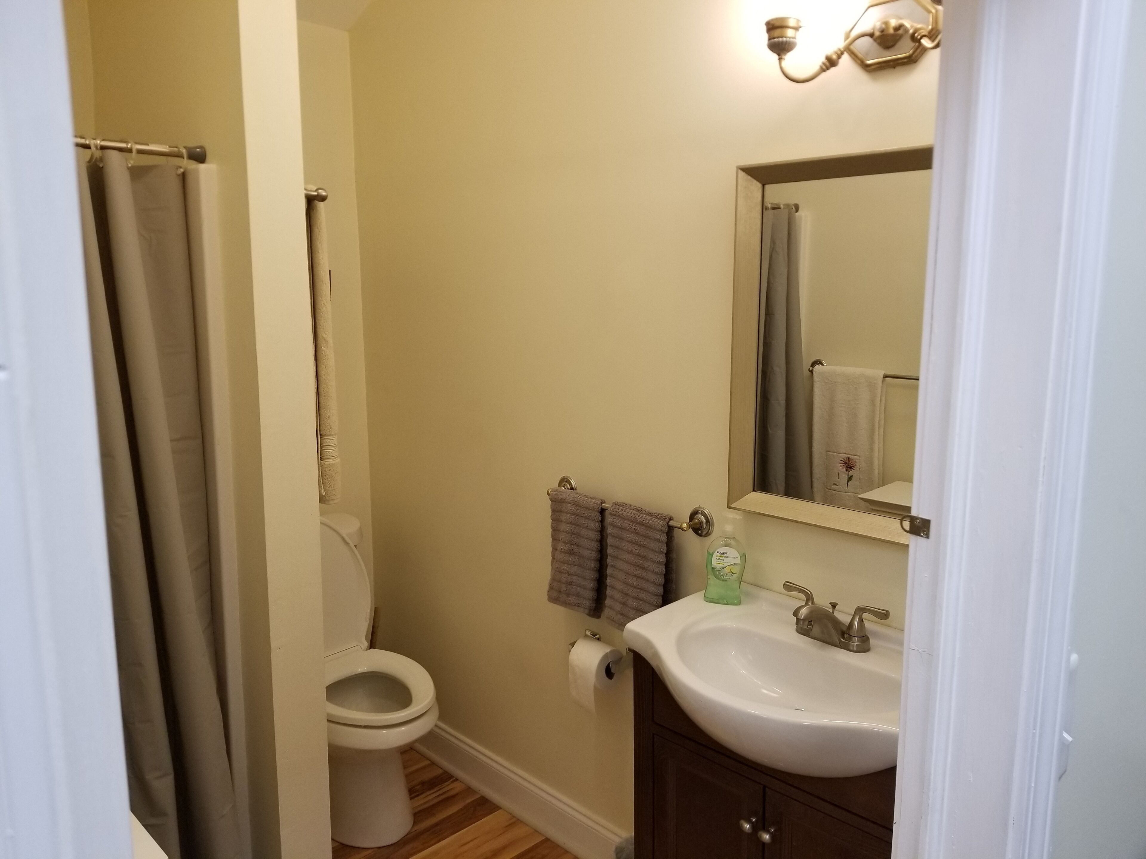Shower, towels, soap, toilet paper