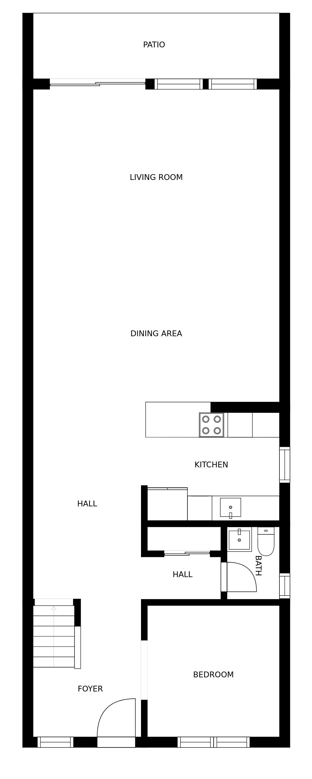 Plano de planta que muestra un patio, sala de estar, comedor, cocina, dos pasillos, vestíbulo y dormitorio.