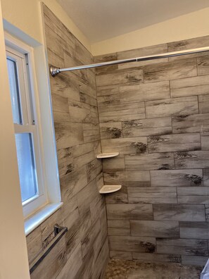 Combined shower/tub, hair dryer, towels, soap