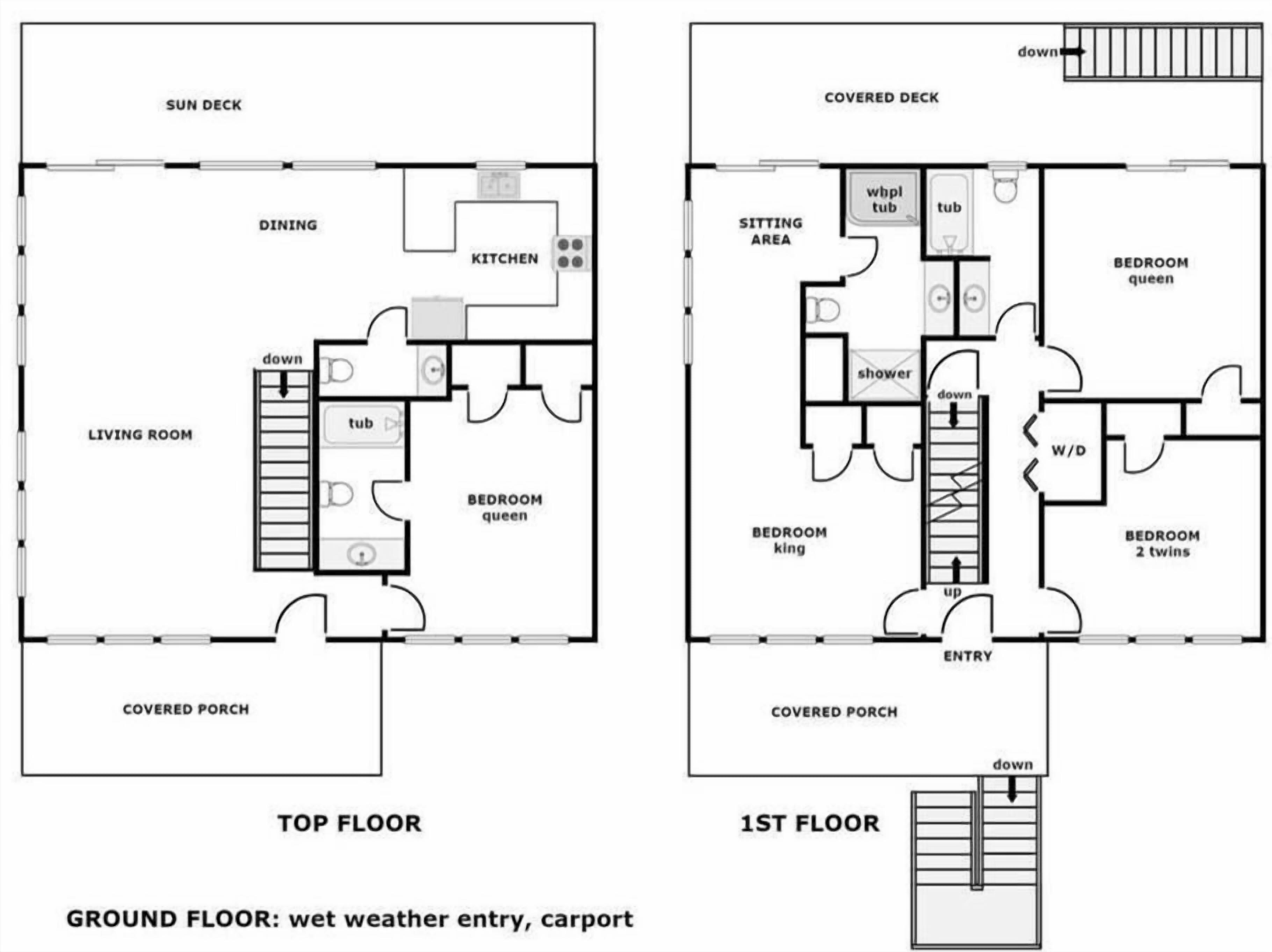A top floor layout with a sun deck, dining area, kitchen, living room, and two bedrooms.