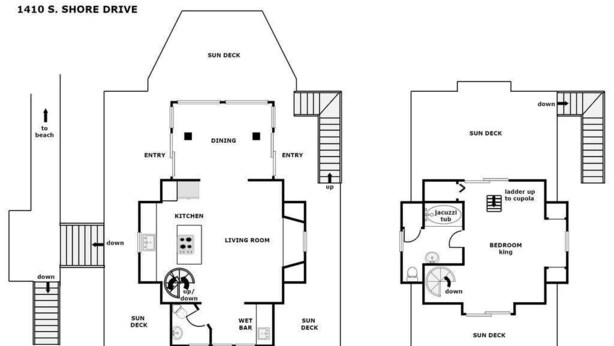 Plano de una casa de dos pisos con terraza, cocina, sala de estar y barra húmeda.