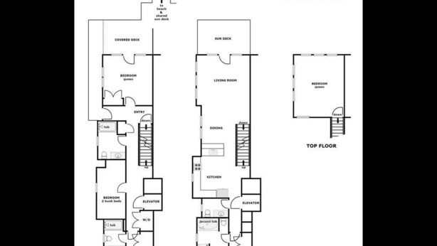 A floor plan of a 2-story apartment with a covered deck, sun deck, and a top floor balcony. - Vitamin Sea - Oceanfront, 5 BR Home in Surf City - Elevator! (Surf City)