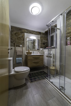 Shower, hair dryer, bidet, towels