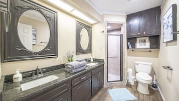 Combined shower/bathtub, hair dryer, towels, soap