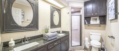 Combined shower/tub, hair dryer, towels, soap