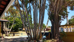 A paved pathway with a blue painted edge, surrounded by palm trees and a yellow fence. - Chácara Sorriso 1 (Atibaia)