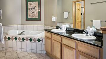 Shower, jetted tub, hair dryer, towels