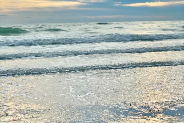 Nær stranden, solsenger og strandhåndklær