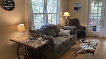 TV, fireplace, books