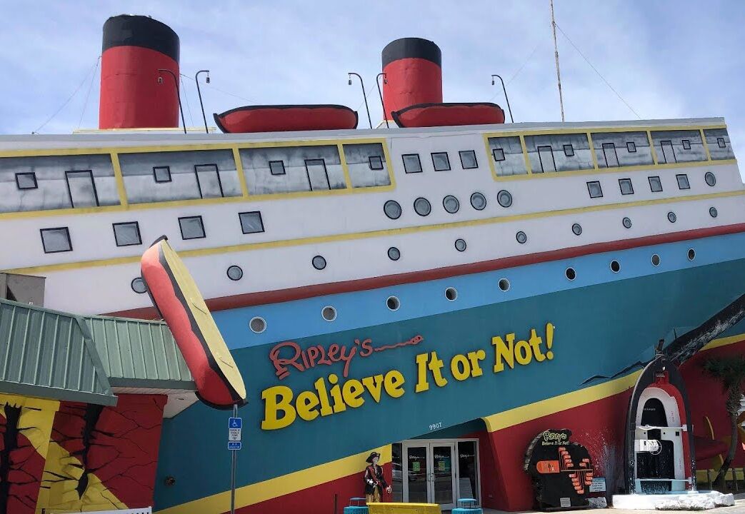 A colorful ship-themed building with a sign reading "Ripley's Believe It or Not!".