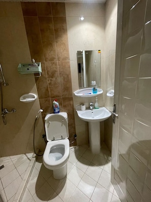 Shower, towels, soap, shampoo