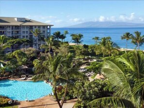Ett semesterparadis med en swimmingpool omgiven av palmer och utsikt över havet.
