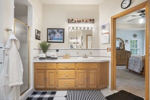 Combined shower/bathtub, jetted bath, hair dryer, towels