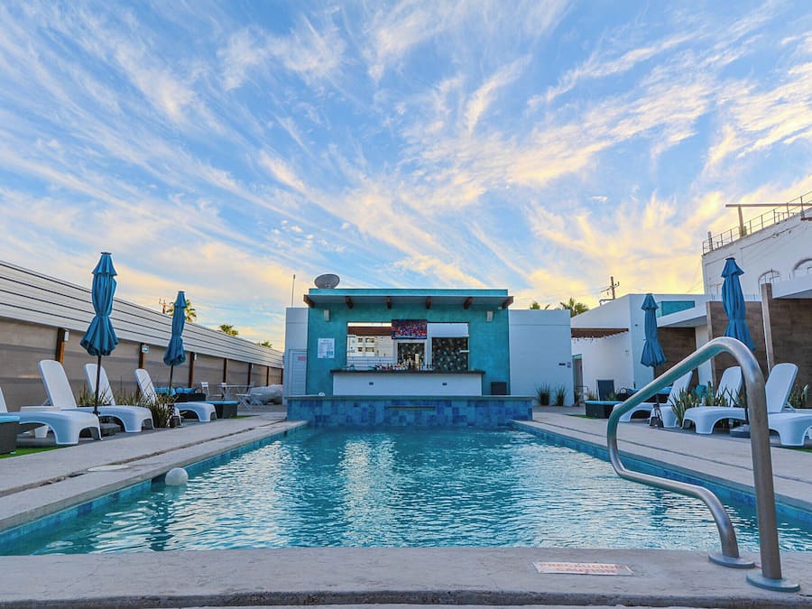 Outdoor pool, pool umbrellas, pool loungers