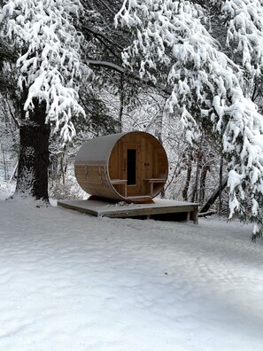 En stuga av trä med en rund entré, omgiven av snötäckta träd.