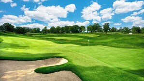 Un campo de golf con extensos greens cuidados, búnkeres de arena y un marcador de posición.