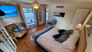 A bedroom with a large bed, a TV, a ceiling fan, and a view of the outdoors. - No parties, quiet, 3 bed, 2 bath. (St. Louis)