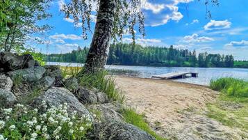 A sandy beach with a dock extending into a calm lake, surrounded by rocks and greenery.