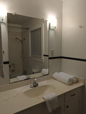 Combined shower/bathtub, hair dryer, towels, soap - Charming Home with Sweeping Views of the MS River (Vicksburg)
